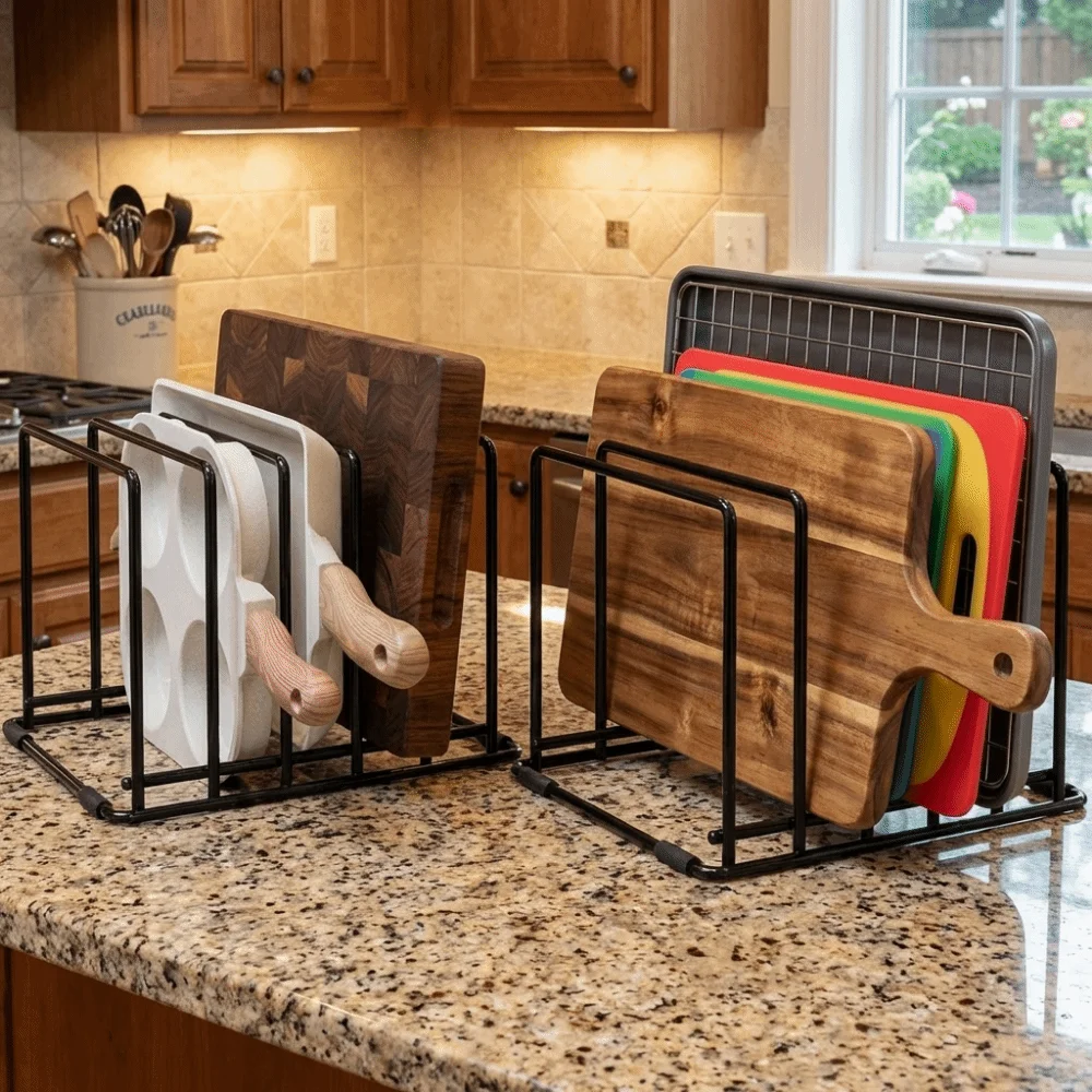 

Iron 5 Slots Divided Rack Rust-Resistant Heavy Duty Pan Storage Rack Space Saving with Anti-Slip Feet Metal Dish Rack Cabinet