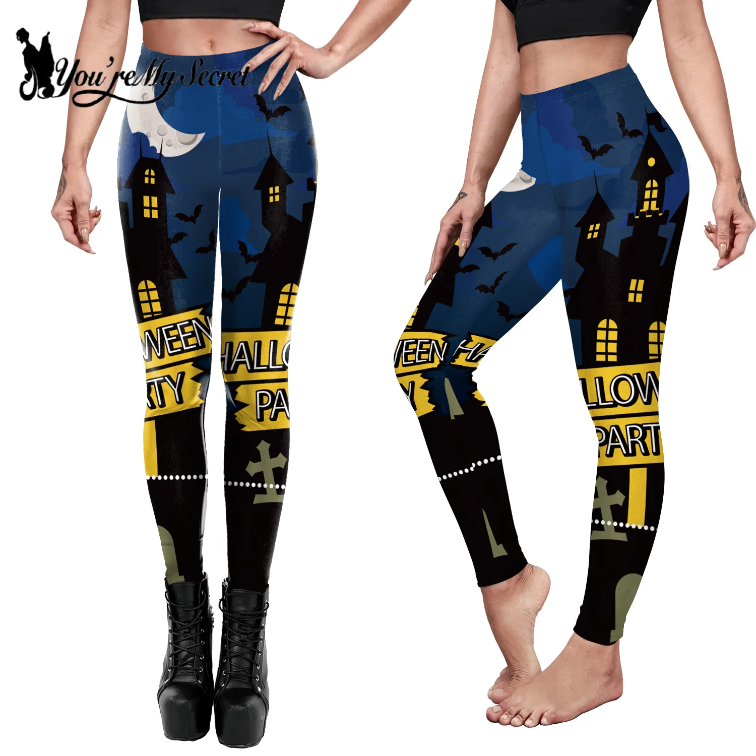 [You\'re My Secret] Women Skull Printed High Waist Stretch Pants Leggings Halloween Carnival Party Cosplay Costume Fancy Dress