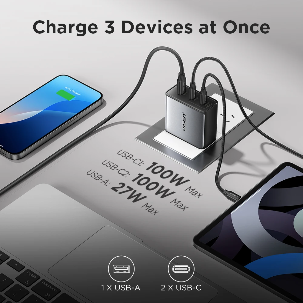 PISEN 100W GaN Charger 3-Port With 1.8m USB C to C Cable PD3.0 Quick Charger For Notebook Laptops MacBook IPhone Samsung Xiaomi