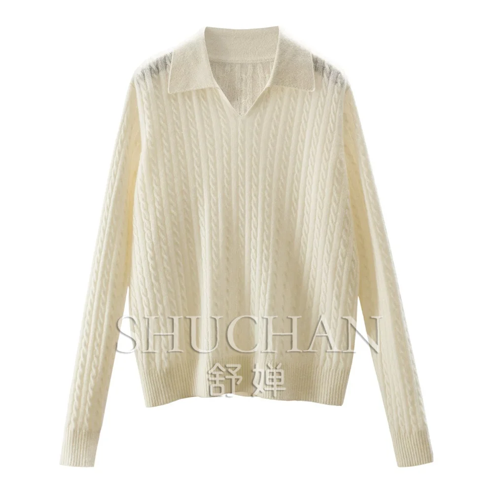 100% Cashmere Pullover Three-dimensional Twisted Polo Collar Long-sleeved Sweater Women E208