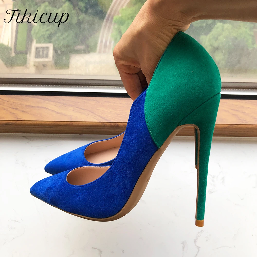 Tikicup Blue With Green Flock Women Elegant Pointy Toe High Heel Shoes Sexy Stiletto Pumps Party Dress Customizable 12/10/8cm