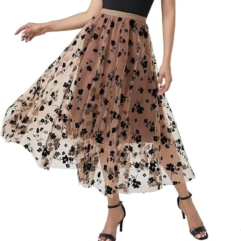 Tulle Skirts for Women Elastic Mid Waist Layered Floral Print Brown Skirt Mesh A- Line Midi Skirt Petticoat Skirts Tea-Length