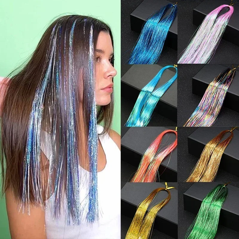 48'' Shiny Hair Tinsel Colorful Sparkle Strands Girls Glitter Strips Hair Extensions Dazzles Women Hippie for Braiding Headdress