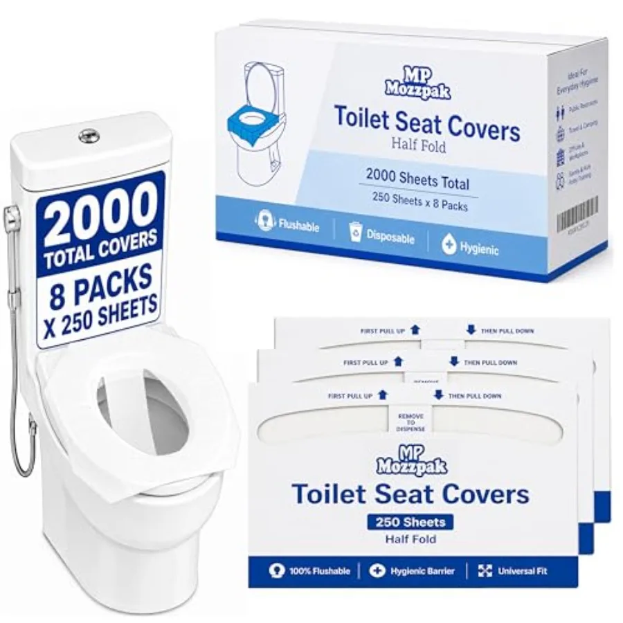 

MP MOZZPAK Toilet Seat Covers Disposable Flushable 2000 Sheets 8 Packs of 250 Flushable Half-Fold Paper Liners Hygienic Protect