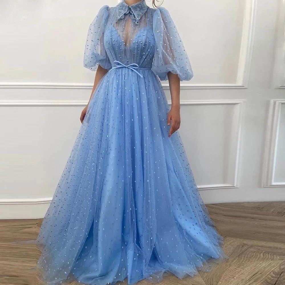 

Elegant blue fluffy sleeved evening dress, banquet birthday party princess dress, tulle perspective prom dress customized