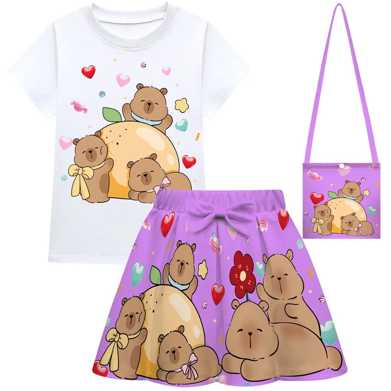 

Capybara Kids Cosplay Costume Set Girls Short-Sleeved Cartoon T-shirt Plaid Pleated Skirt 2Pcs Casual Dress Outfits