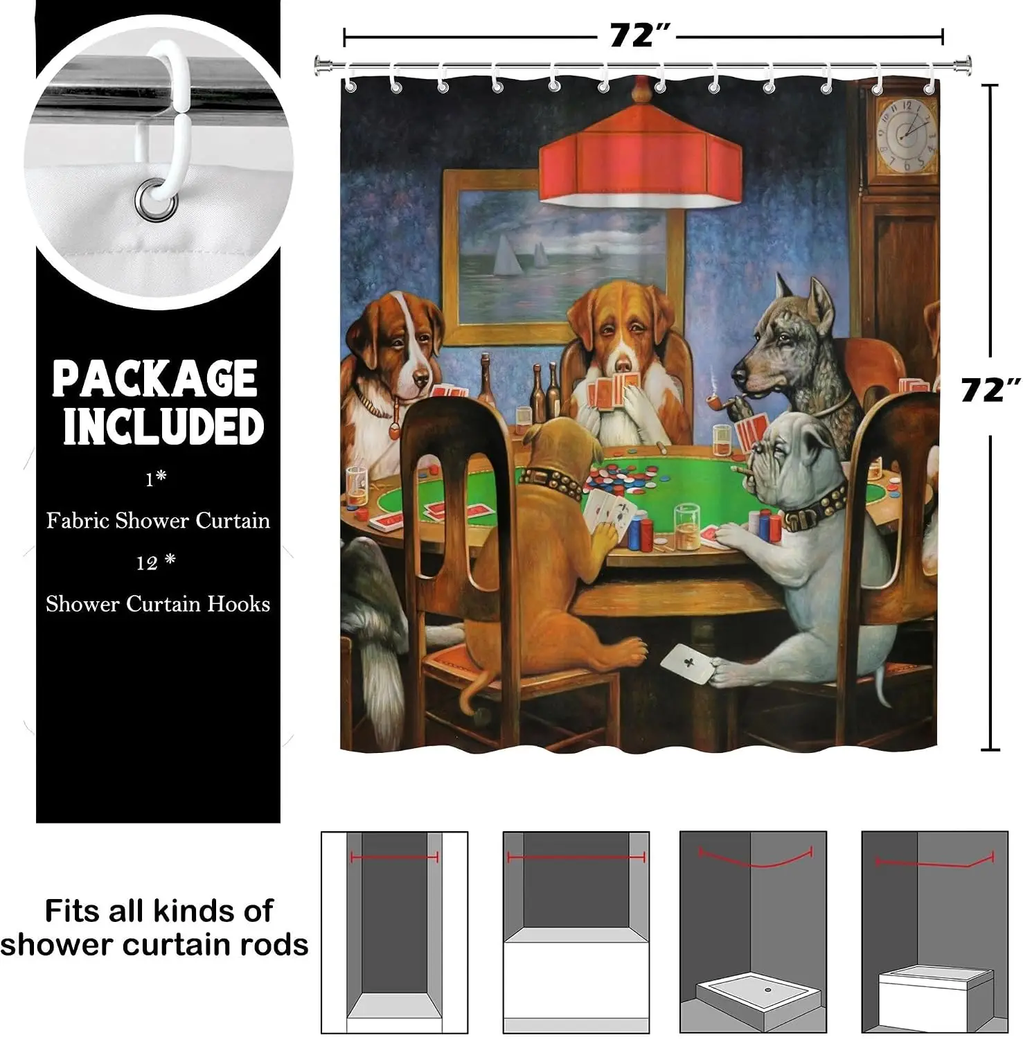 Waterproof Shower Curtain Dog Playing Poker Casino Game Decor Novelty Dog Lover Funny Bathroom Supplies Polyester Washable Bath
