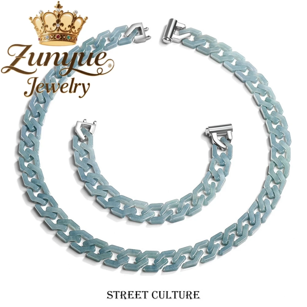Genuine Natural A-Grade Jade Blue Water Rhombic Cuban Chain Bracelet Necklace Jade Titanium Steel Hip-Hop Style Trend Charms