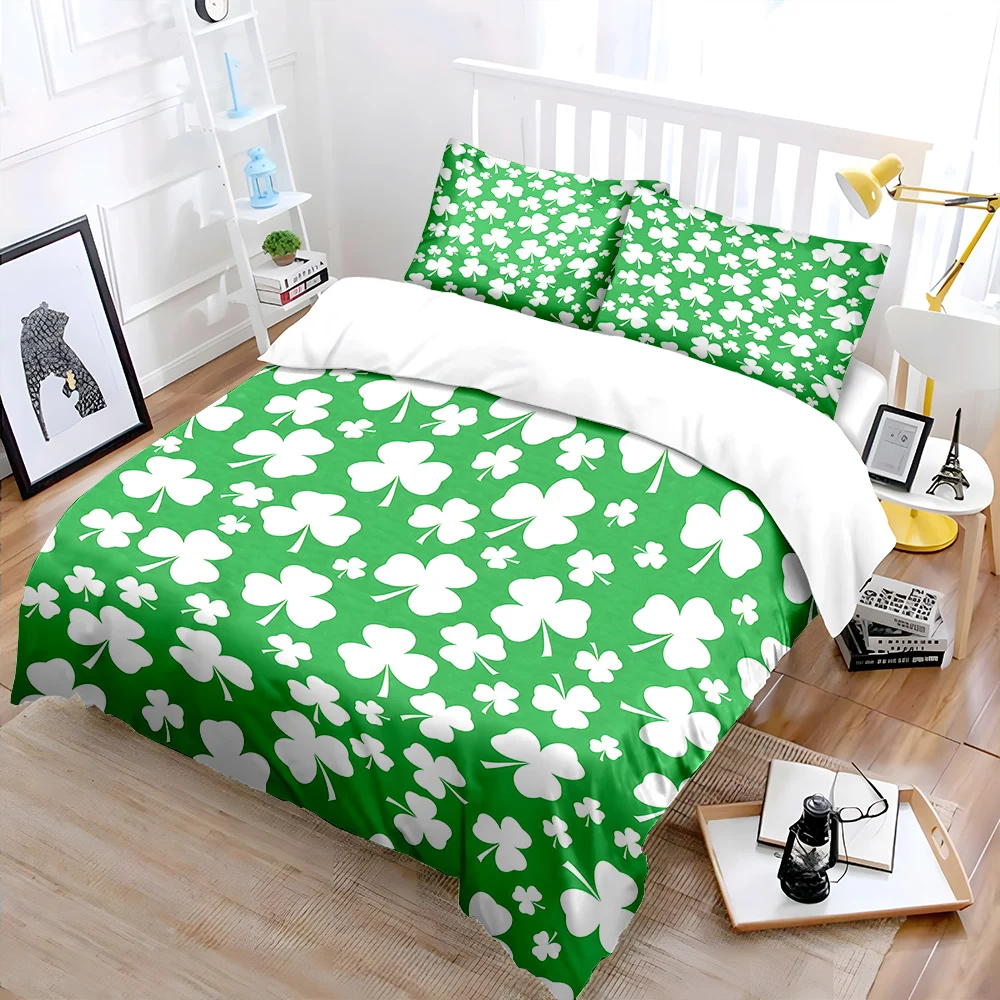 White clovers on green background Print Bedding Set 1 Duvet Cover 2 Pillowcases for Adult and Children Luxury Gift Full Size
