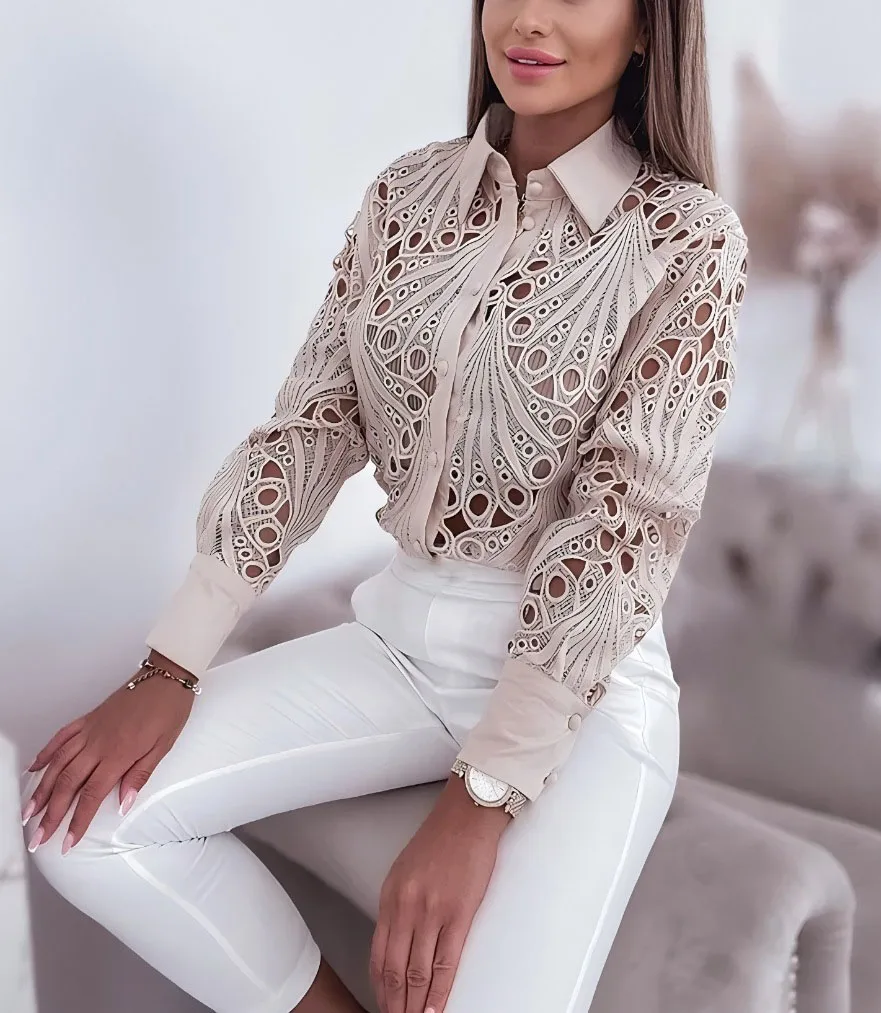 New Fashion Lace Hollow Long Sleeve Shirt For Women 2025 Spring Autumn Elegant Office Lady BlouseCasual Button ShirtsTops