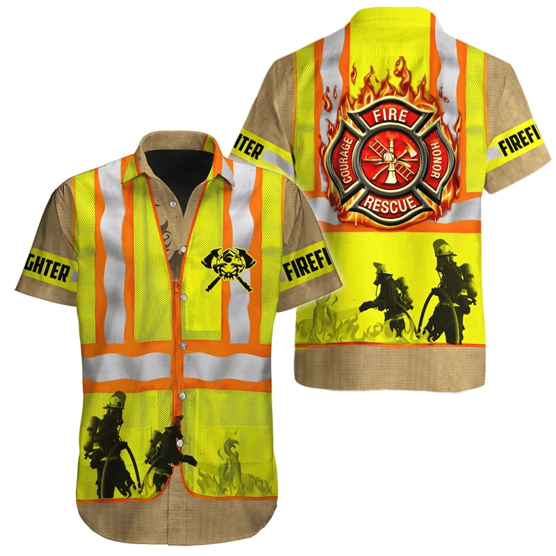 Firefighter Uniform Cosplay 3D Printed Shirts For Men Clothes Hero Profession Graphic Blouses Casual Short Sleeve Veteran Tops