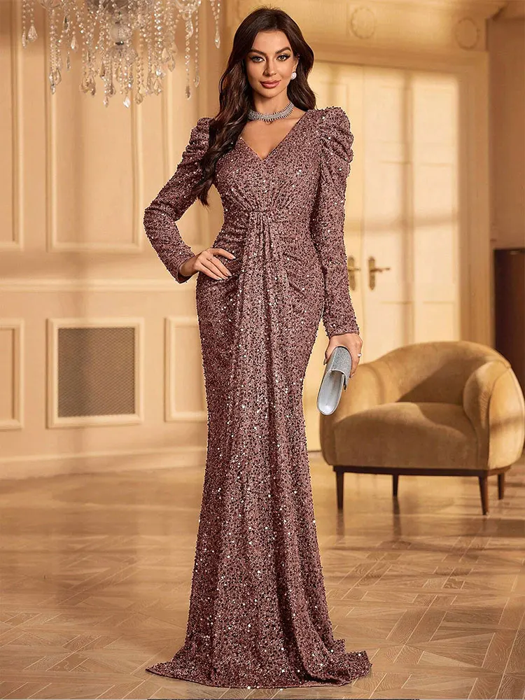 V-neck gorgeous shiny floor-length wedding banquet evening dress long sleeves sequin shiny floor-length Prom Gown 2024