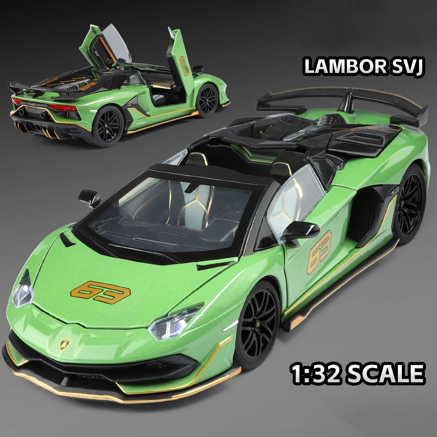

Масштаб 1/32, металлический литой под давлением Lambo SVJ63, модель автомобиля, имитация звука и света, детский спортивный автомобиль, игрушка для мальчика, праздничный подарок