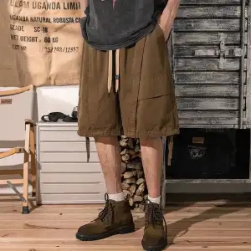 Men's Vintage Cargo Shorts Drawstring Waist Oversized Knee Length Outdoor Camping Summer Casual Shorts