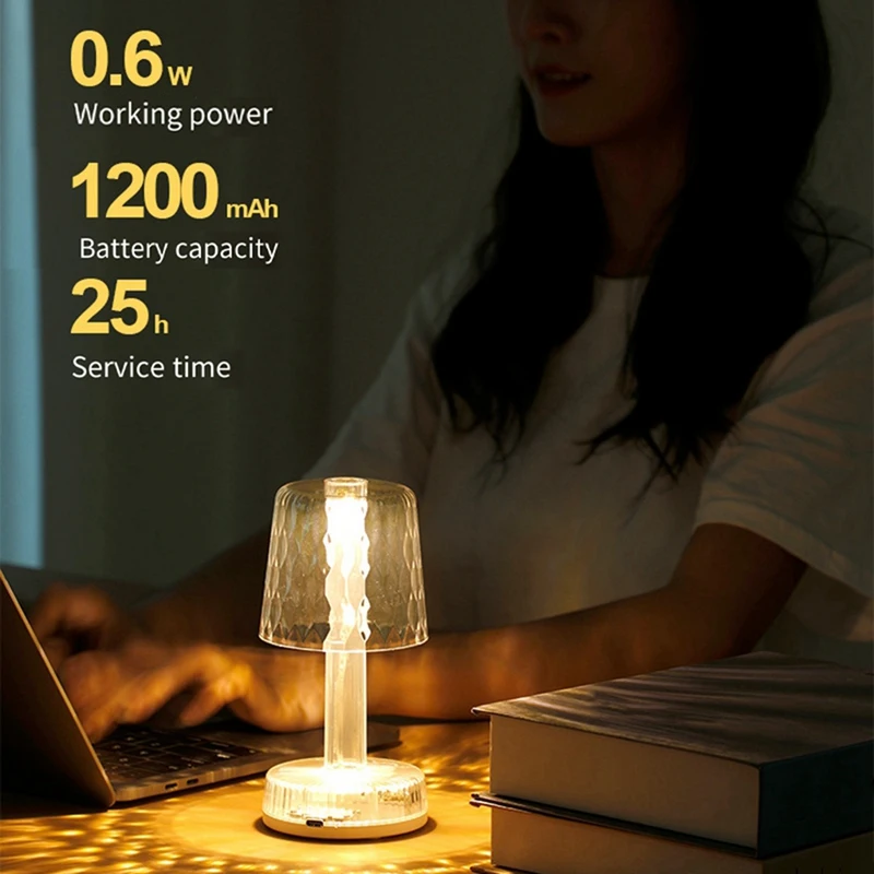โคมไฟ LED คริสตัลตั้งโต๊ะไฟกลางคืนฉาย USB 3ประเภทโคมไฟ lampu tidur แบบชาร์จไฟข้างเตียง