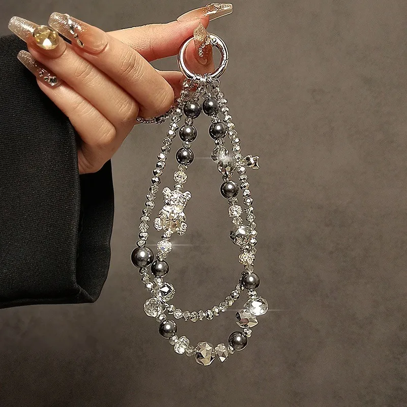 Luxury and Sophisticated Beaded Crystal Phone Charm, Stylish Rhinestone Cartoon Bear Phone Lanyard, Short Handbag Chain.