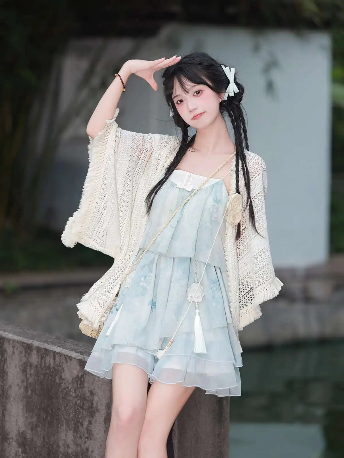 Nieuwe Chinese Stijl Zeezout Meisje Hanfu Vrouwelijke Vrouwen Verbeteren Guofeng Dagelijks Zoete Bretels Jurk Pak Zomer Rok Sjaal