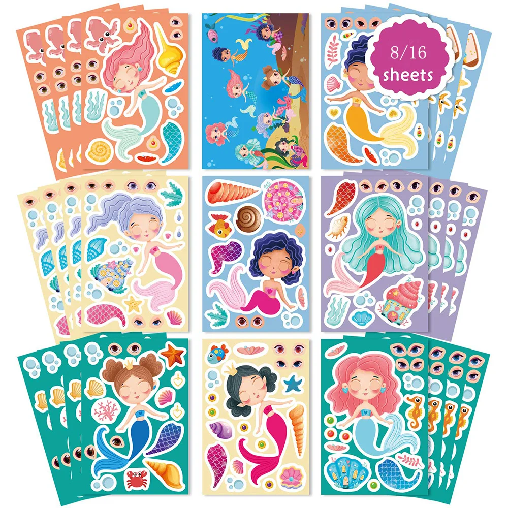 

8/16Sheets Cute Cartoon Mermaid Make a Face Stickers Book Funny DIY Assemble Jigsaw Puzzle Sticker Craft Toys for Kids Girl Gift