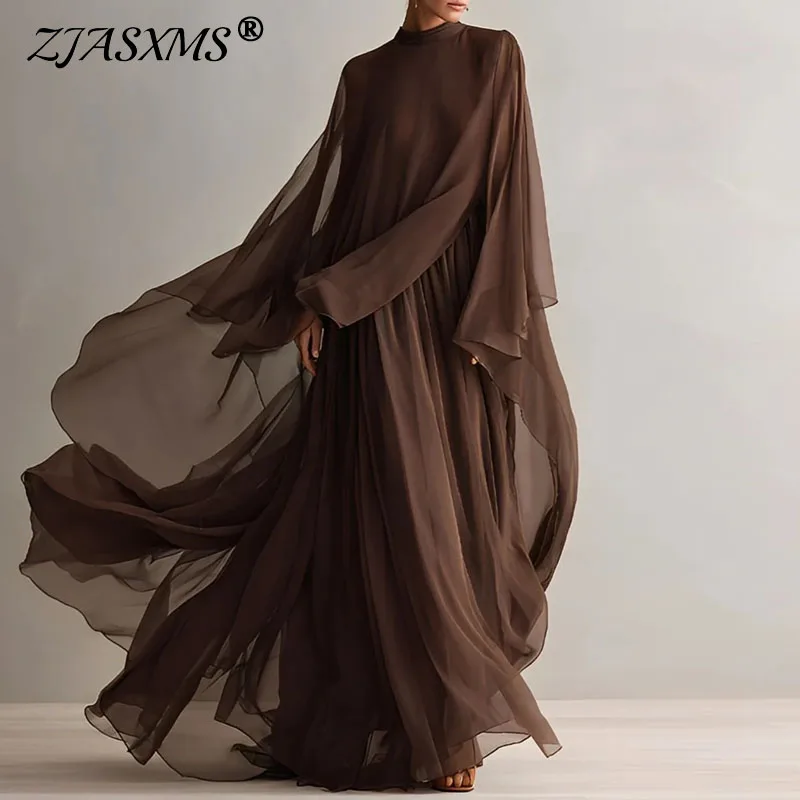 Damen Cape-Set mit Weiten Ärmeln, 2-teiliges Rock-Set, O-Ausschnitt, Einfarbiges Transparentes Oberteil + Plissierter Langer Rock, Boho-Outfit für Hochzeitsgäste, Abend- und Party-Outfit