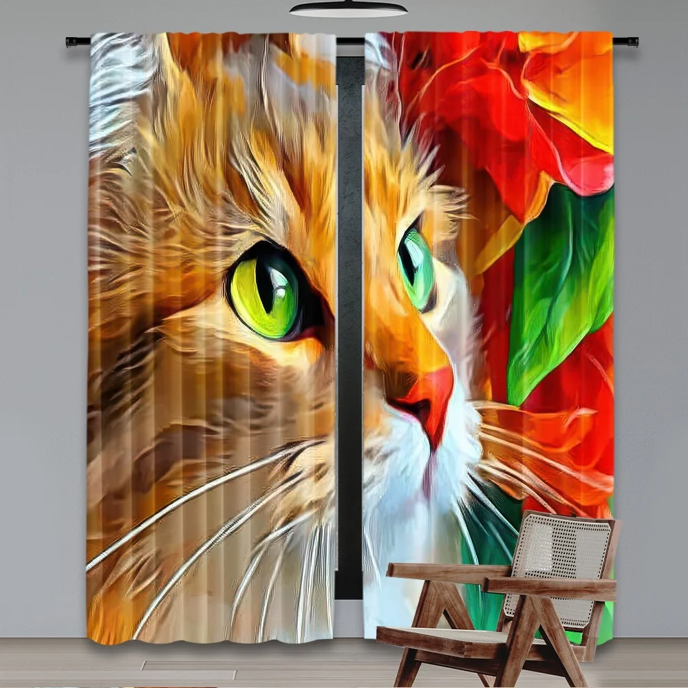2D flat printing 2pcs Curtain Window Curtains Colorful Cat Portrait Digital Printed Polyester Drapes Seasonal Party & Holiday