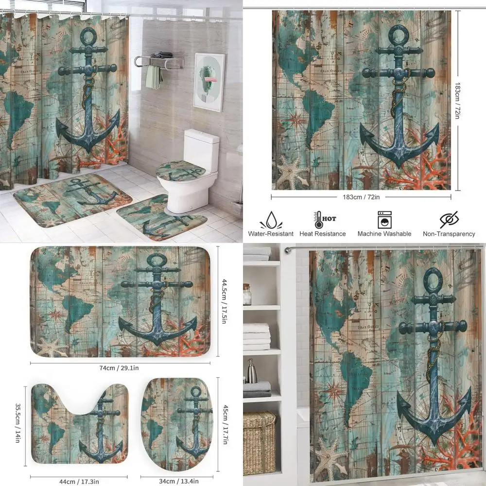 

Набор морских синих якорных занавесок для душа с морской звездой, кораллом и крышкой для унитаза