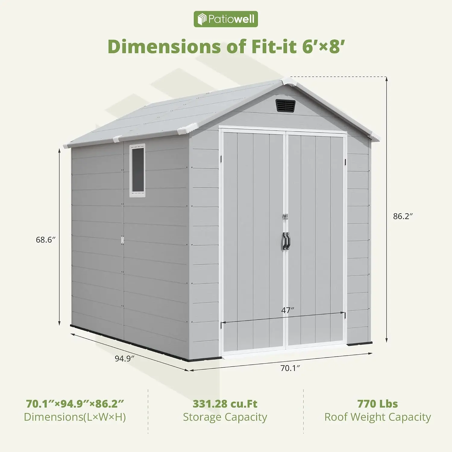 6X8 FT Resin Outdoor Storage Shed with Floor, Light Gray, Customized