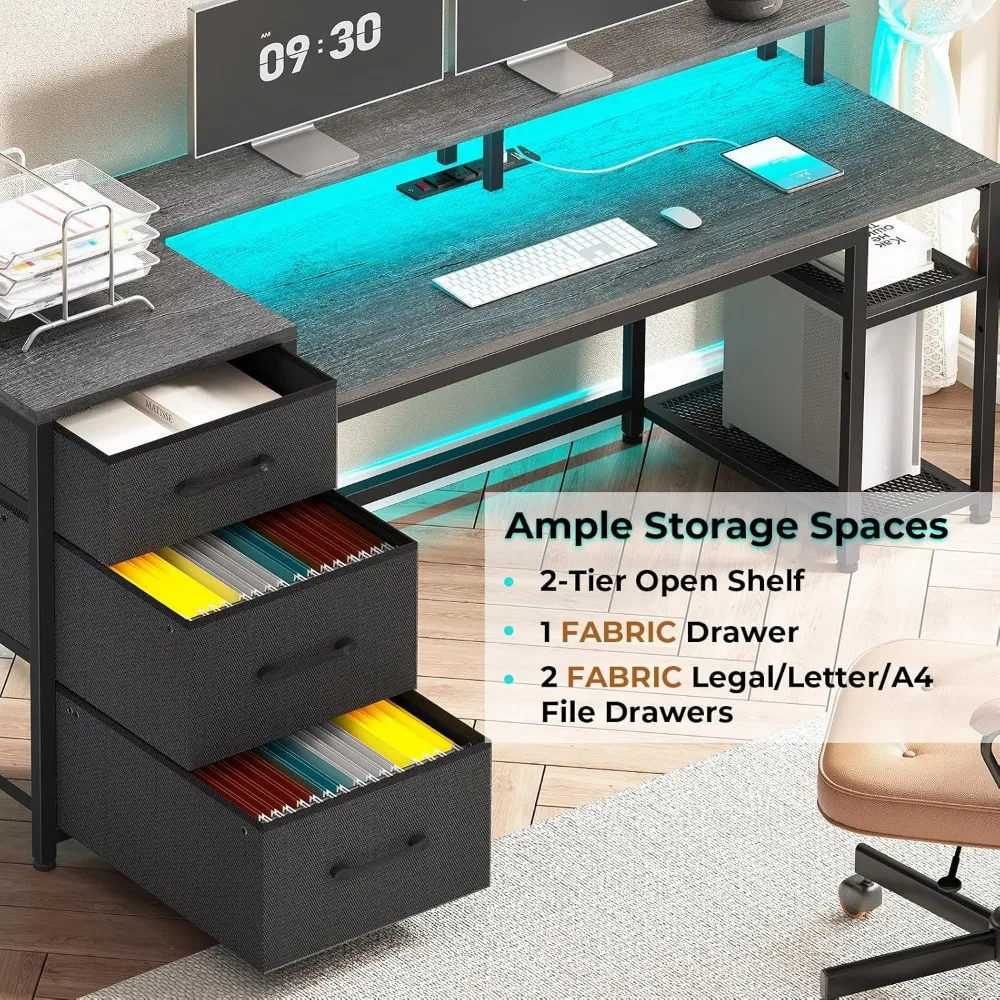 Gaming Desk with Storage and File Drawers, LED-lit Computer Desk with Power Outlet, Home Office Desk for Comfortable Work Enviro