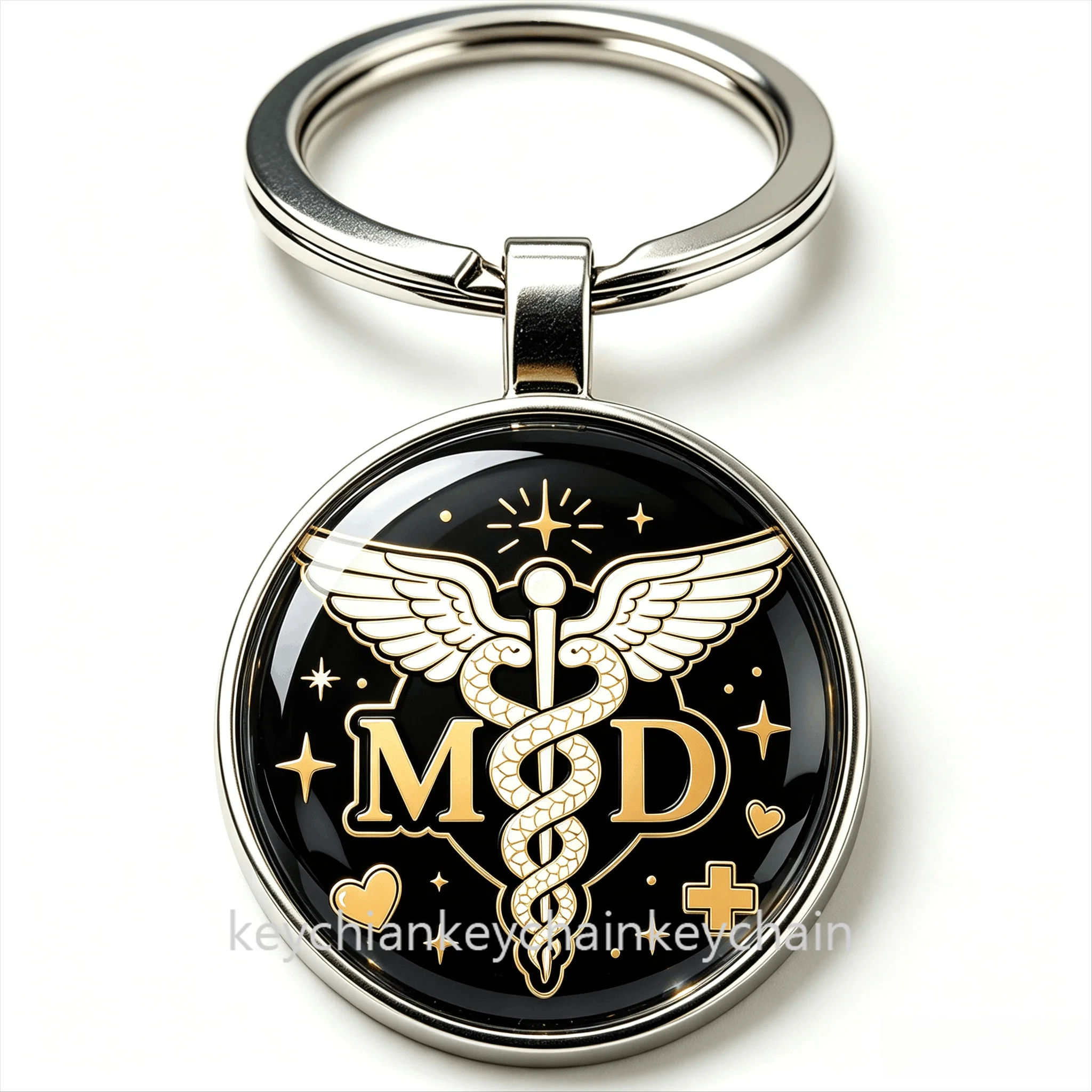 Black Background MD Caduceus Keychain Medical Doctor Symbol Key Ring Physician Gift Medical Student Graduation Present