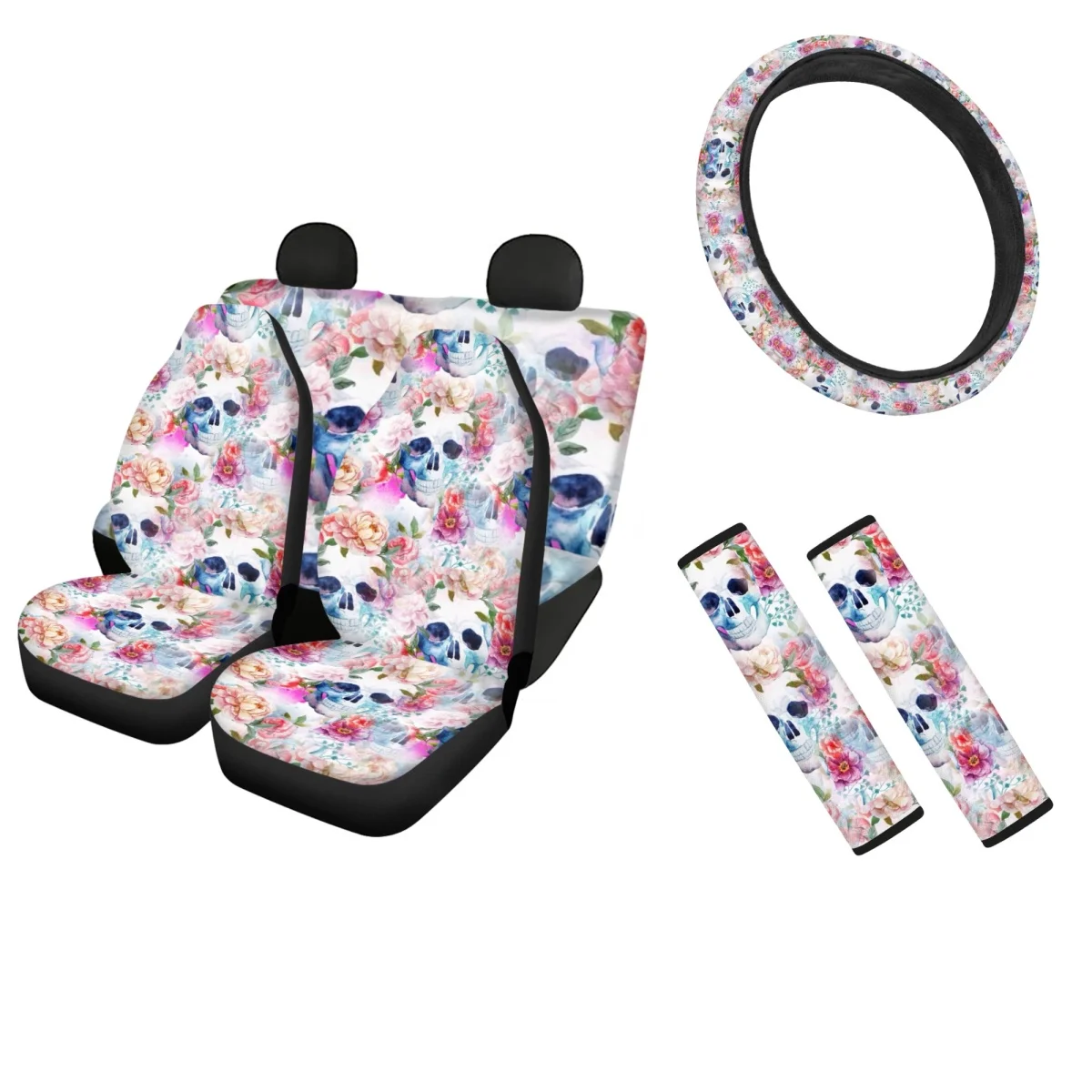 

INSTANTARTS Gothic Skull Printed Vehicle Seat Cushion Stylish Safety Automotive Seat Belt Pads Durable Steering Wheel Covers