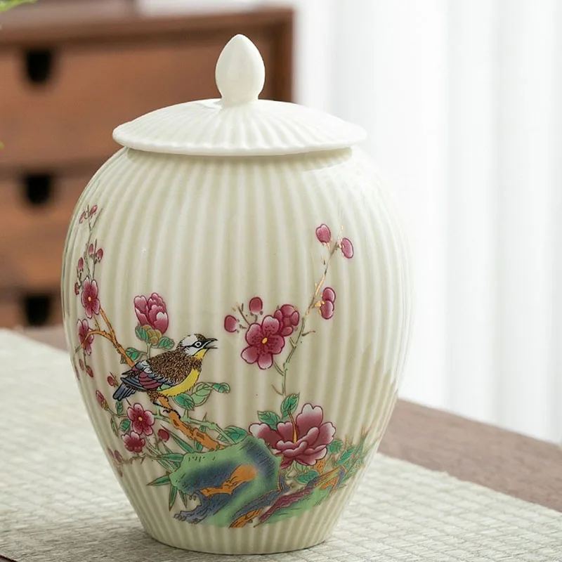 Exquisite Flower and Bird Storage Jar with Lid Ceramic Striped Candy Miscellaneous Grains Sealed Kitchen Container