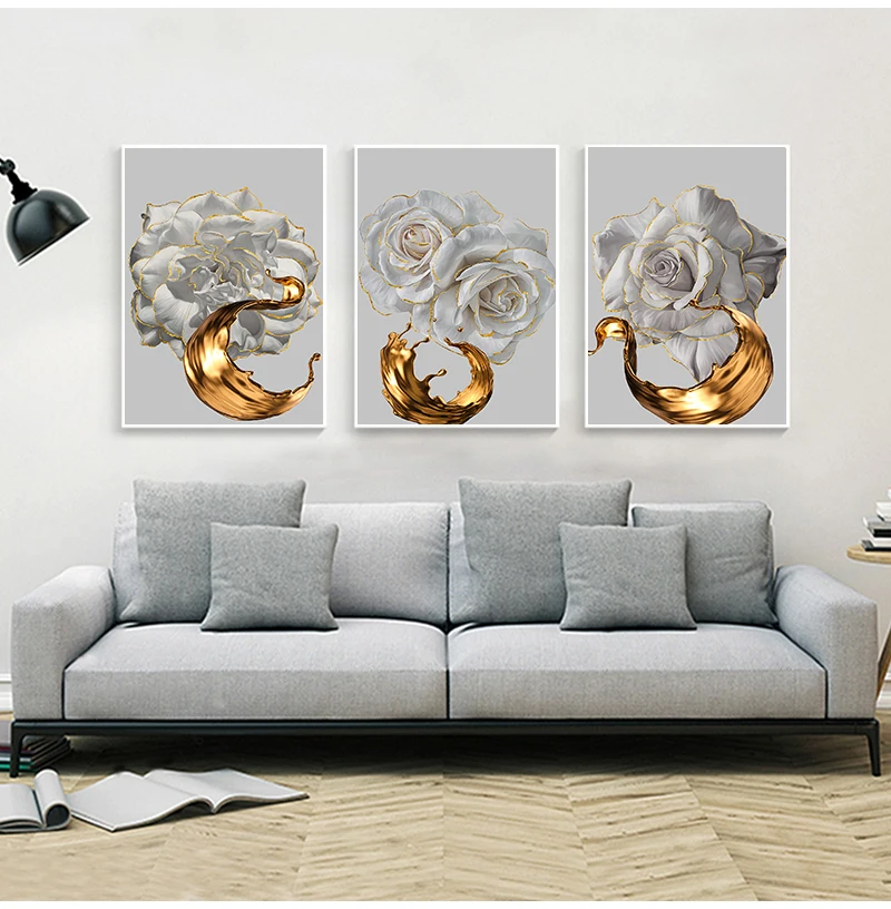 White Rose Flower Golden Ink Splash Abstract Poster Nordic Art Plant Canvas Painting Modern Wall Picture for Living Room Decor