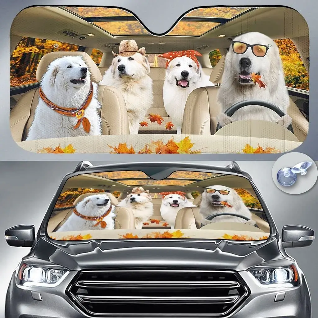 Great Pyrenees Dogs Autumn Road Car Sunshade, Great Pyrenees Family Driving Maple Leaves Car Windshield Sun Visor Gift, Uv Prote