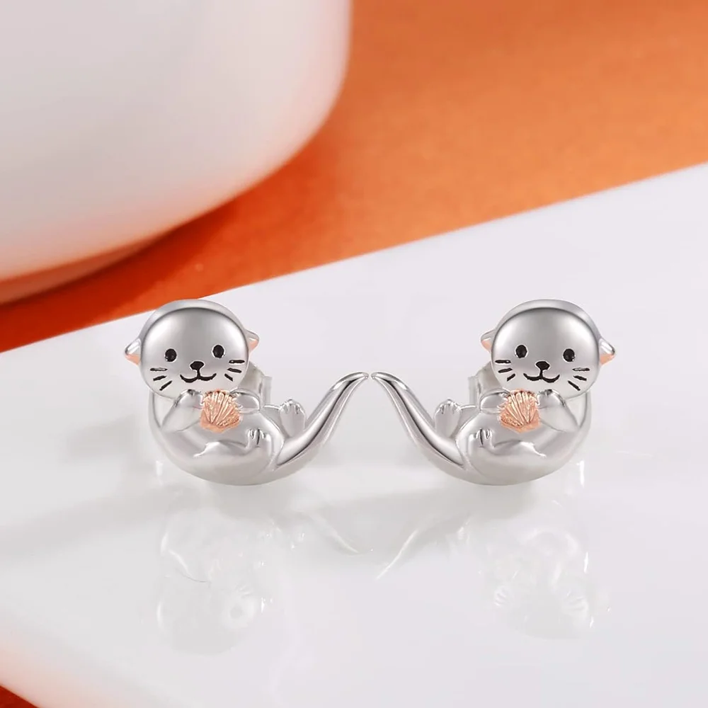 2pcs Cute Otter with Shell Zircon Stud Earrings for Family Anniversary Party Gifts, Jewelry, Niche Style Hot List, Bestselling