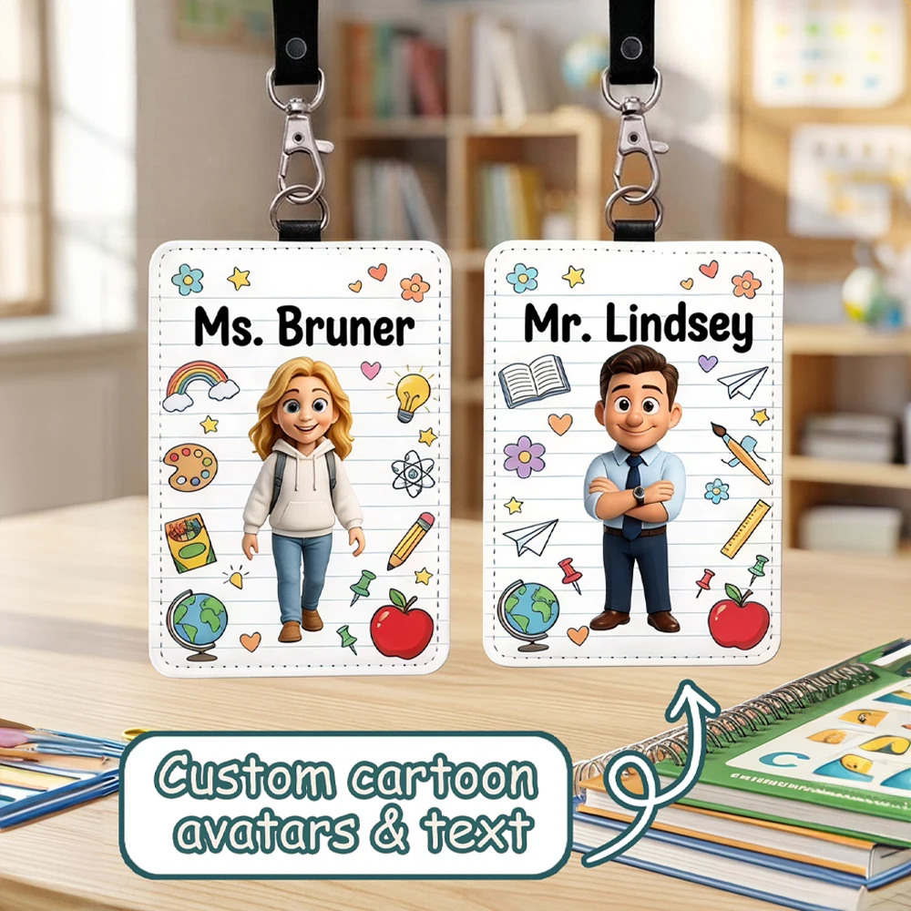 Personalized Custom Cartoon Teacher Avatar Badge Holder,Detachable Black Neck Lanyard,Back To School,Daily Identity Card Storage