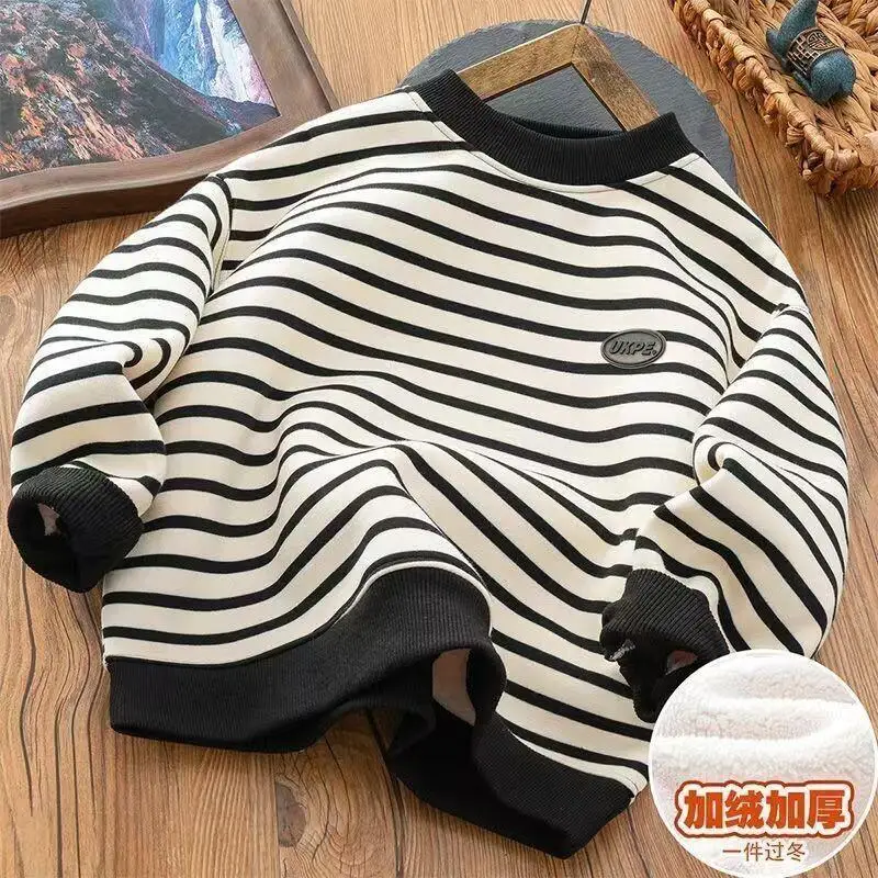 

Осенне-зимняя толстовка с капюшоном для мальчиков и девочек, полосатый свитшот с длинными рукавами на фланелевой подкладке, теплый утепленный пуловер с базовым слоем, детская одежда