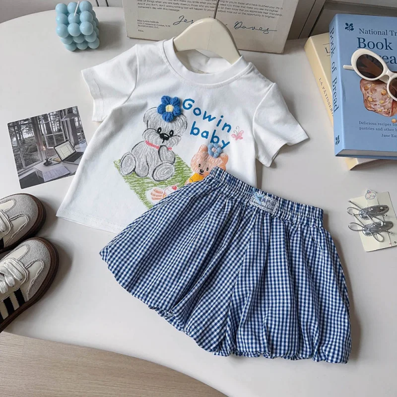

2026Summer girls' outfit new style short-sleeve cartoon printTShirt top and plaid cropped pants casual two-piece set