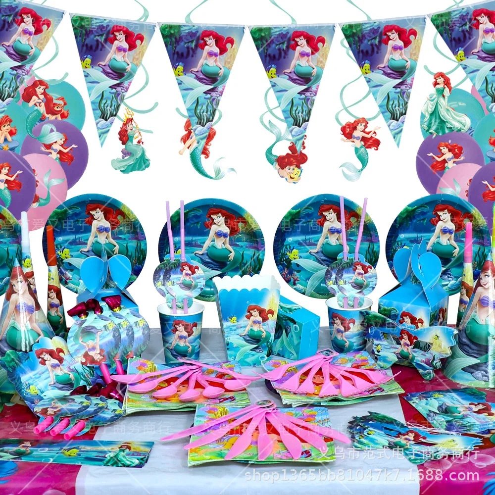 Disney The Little Mermaid Birthday Decorations Tablecloth Tableware Set Birthday Gift Box Ariel Balloons Party Supplies For Kids