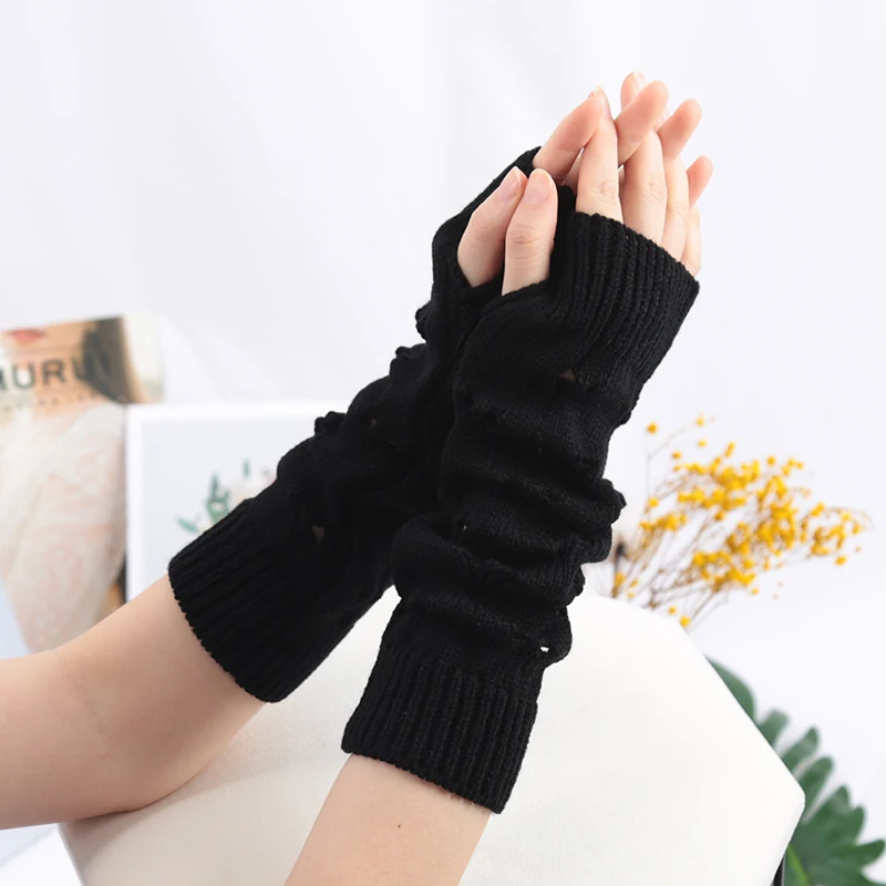 Women Long Fingerless Gloves Cute Fashion Casual Arm Crochet Warmer Knitting Hollow Mitten Black Soft Gloves Lolita Accessories