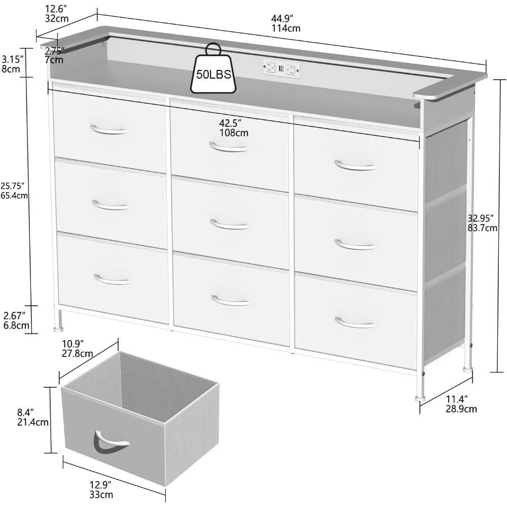 خزانة ملابس بيضاء من EXOTICA مع ضوء LED لغرفة النوم 9 أدراج مع خزانة ذات أدراج لمحطة شحن لخزانة المدخل L #2