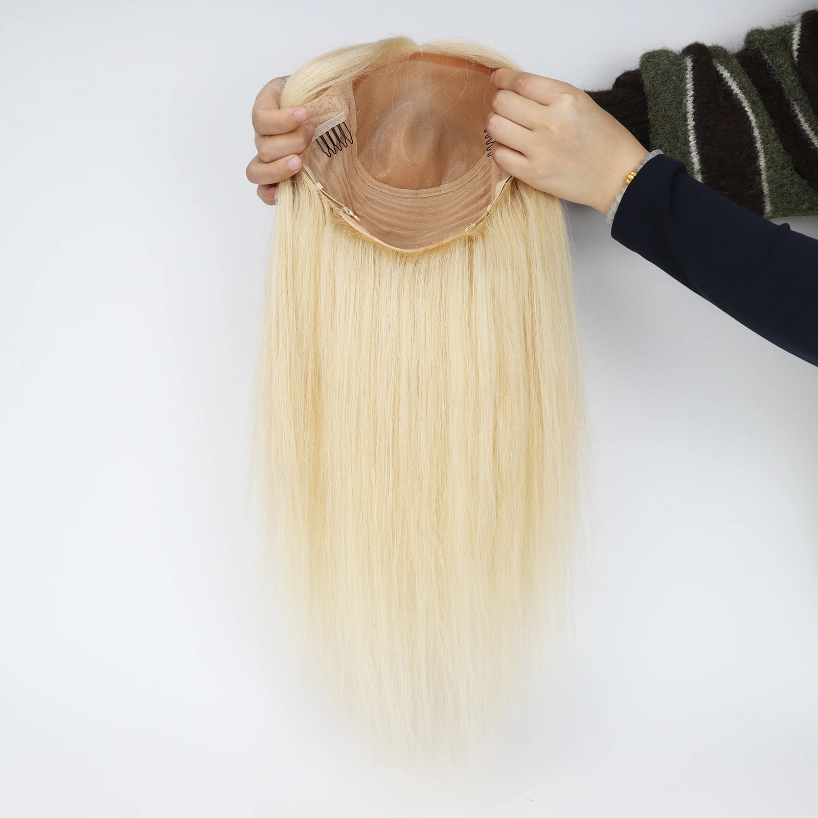 شعر مستعار بشري بقاعدة حريرية مقاس 5 × 5 # 613 شعر مستعار حريري مستقيم أشقر فاتح حريري أوروبي مع شعر أطفال للنساء #2
