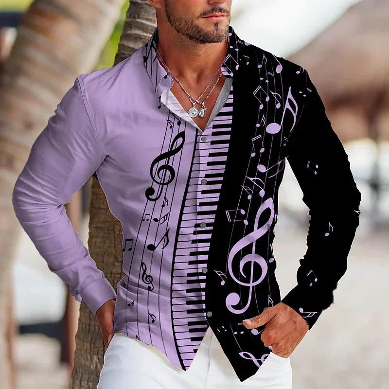 2023 Shirt Note Musical Instrument Men's Suit Lapel Long Sleeve Top Party Casual Outdoor Street Soft Comfort Plus Size