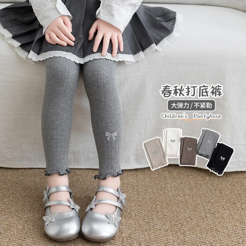 Spring Autumn Cute Girls Knitted Nine Points Leggings Cable Twist Texture With Rhinestone Bowknot Decoration Soft Elastic Pants
