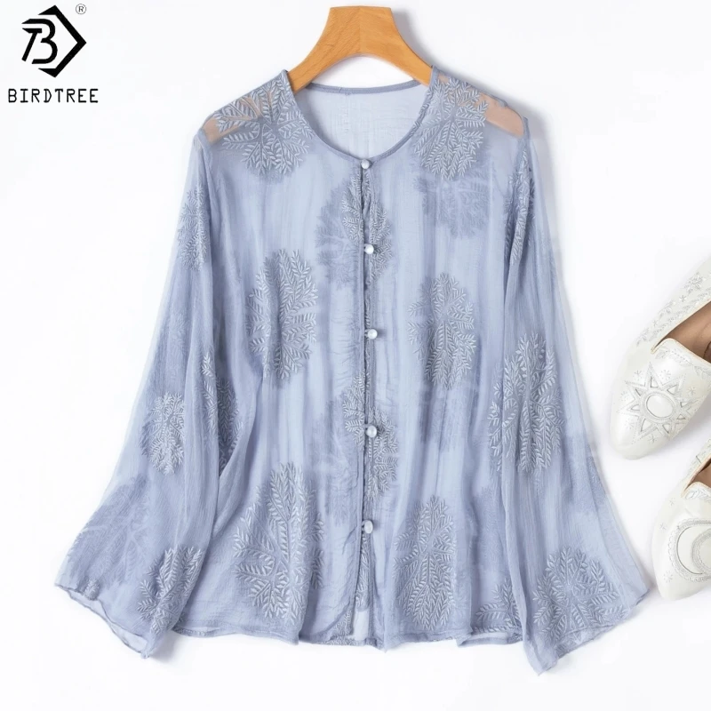 

Birdtree, 100% Real Silk Sheer Coat, Women Embroidery O-neck Tops, Cool Georgette Sun Protection Shirt, 2026 Summer New T65539JF