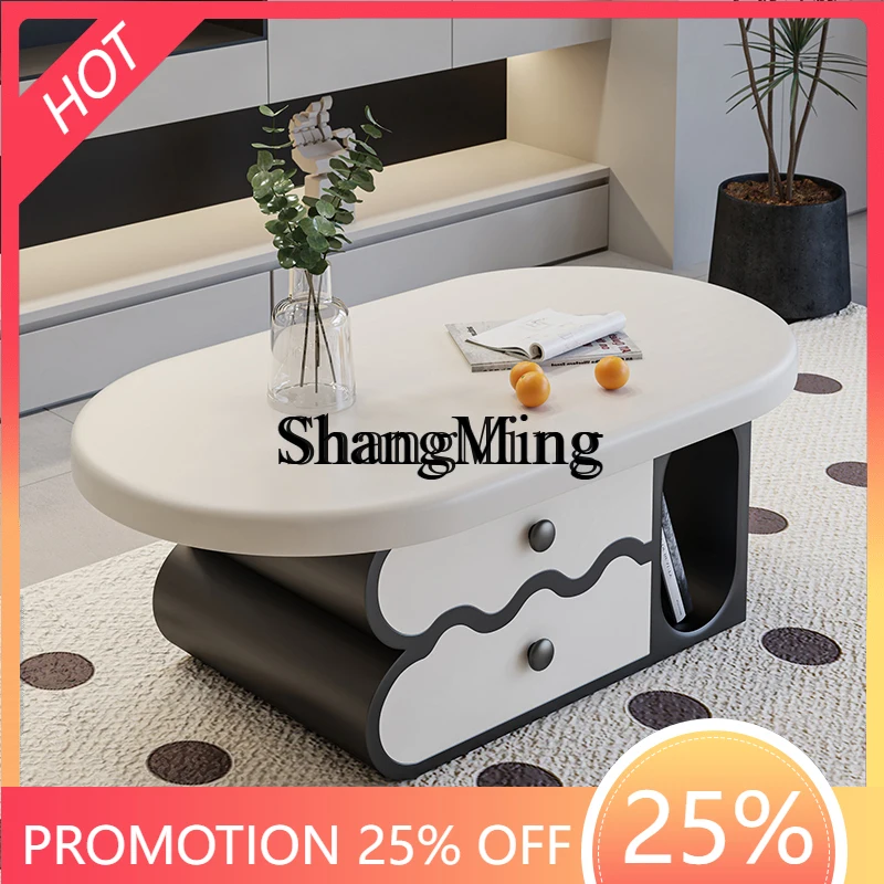 

ZYY cream wind coffee living room household small apartment Internet celebrity oval senior feeling rock board coffee table