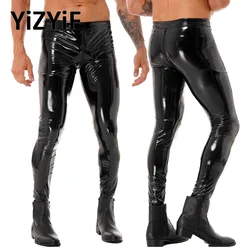 Mens Leather Pants Wetlook Latex PVC Leather Tight Trousers Skinny Tight Long Pants Motorcycle Club Leggings  Clubwear