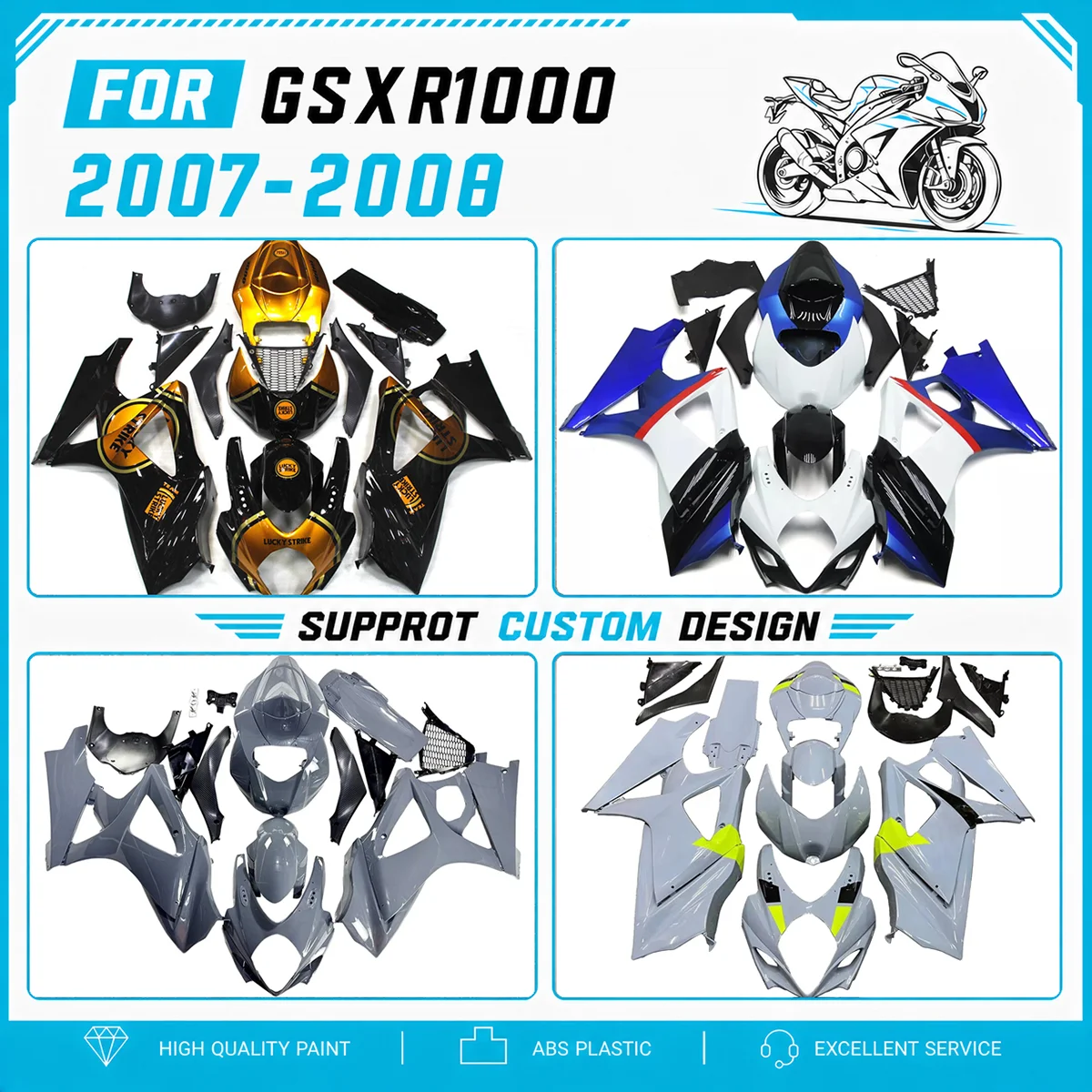 Fit for GSXR1000 GSXR 1000 2007 2008 07 08 High Quality Fairing Kit Multiple Designs Injection Molded Fairings