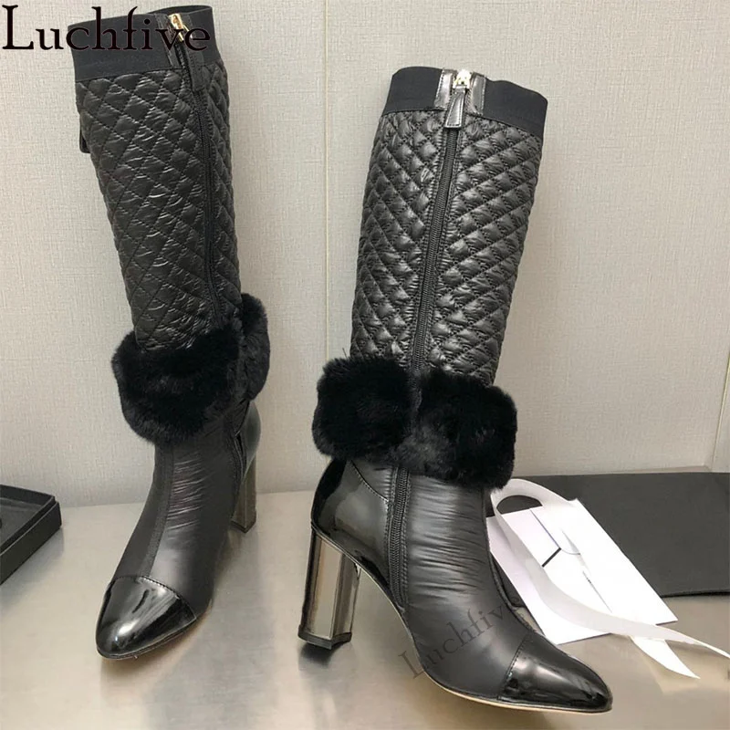 Winter Luxury Knee High Boots for Women Inlay Fur Slim Chunky High Heel Long Boots Winter Sexy Brand Fashion Week Boots Female