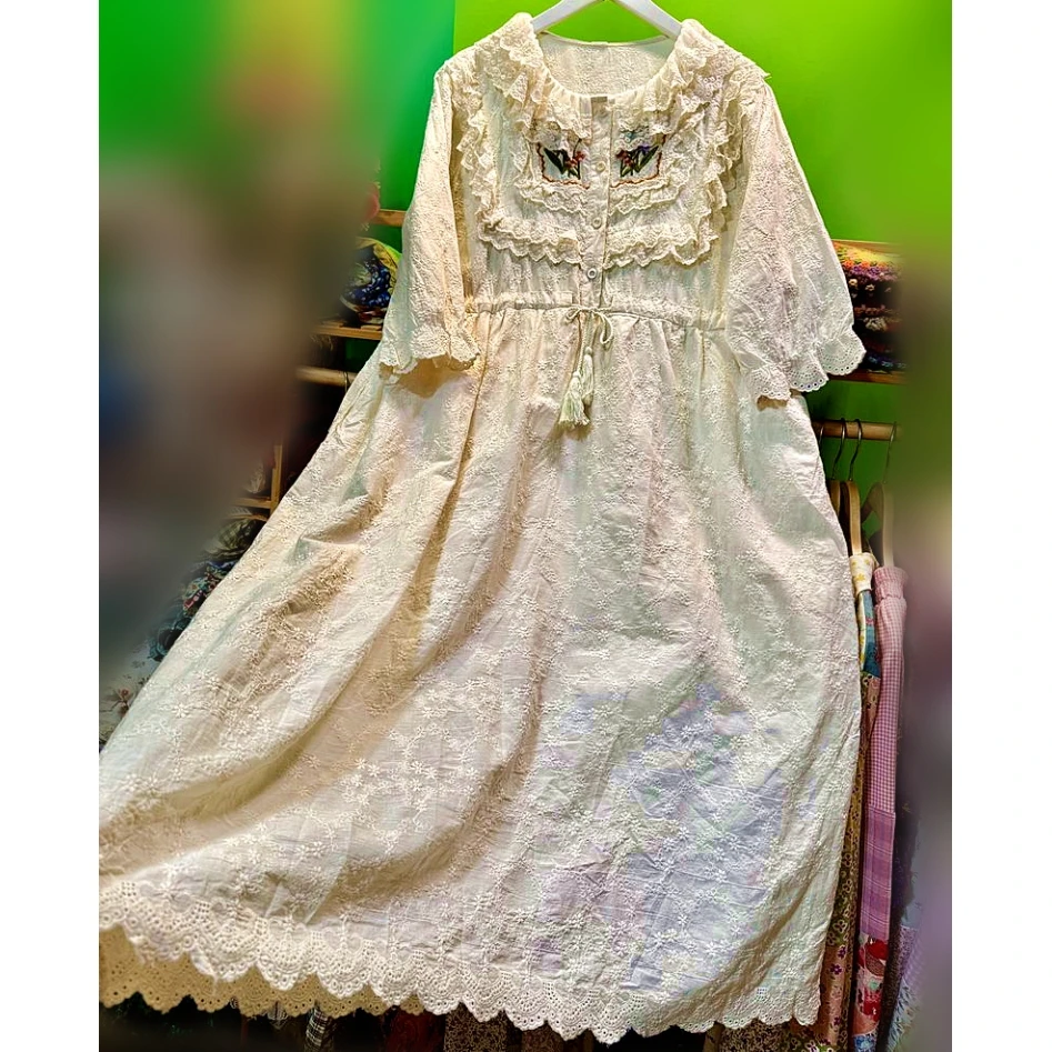 

Vintage Cotton Ruffled Eyelet Lace Victorian Rococo Midi Dress for Women Sweet Lolita Summer Mori Girl Harajuku White Long Dress