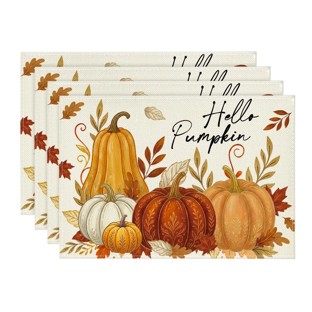 Orange Maple Leaves Fall Placemats Set of 4-12x18 Inch Heat-Resistant Table Mats,Washable  Autumn Hello Pumpkin Dining Decor