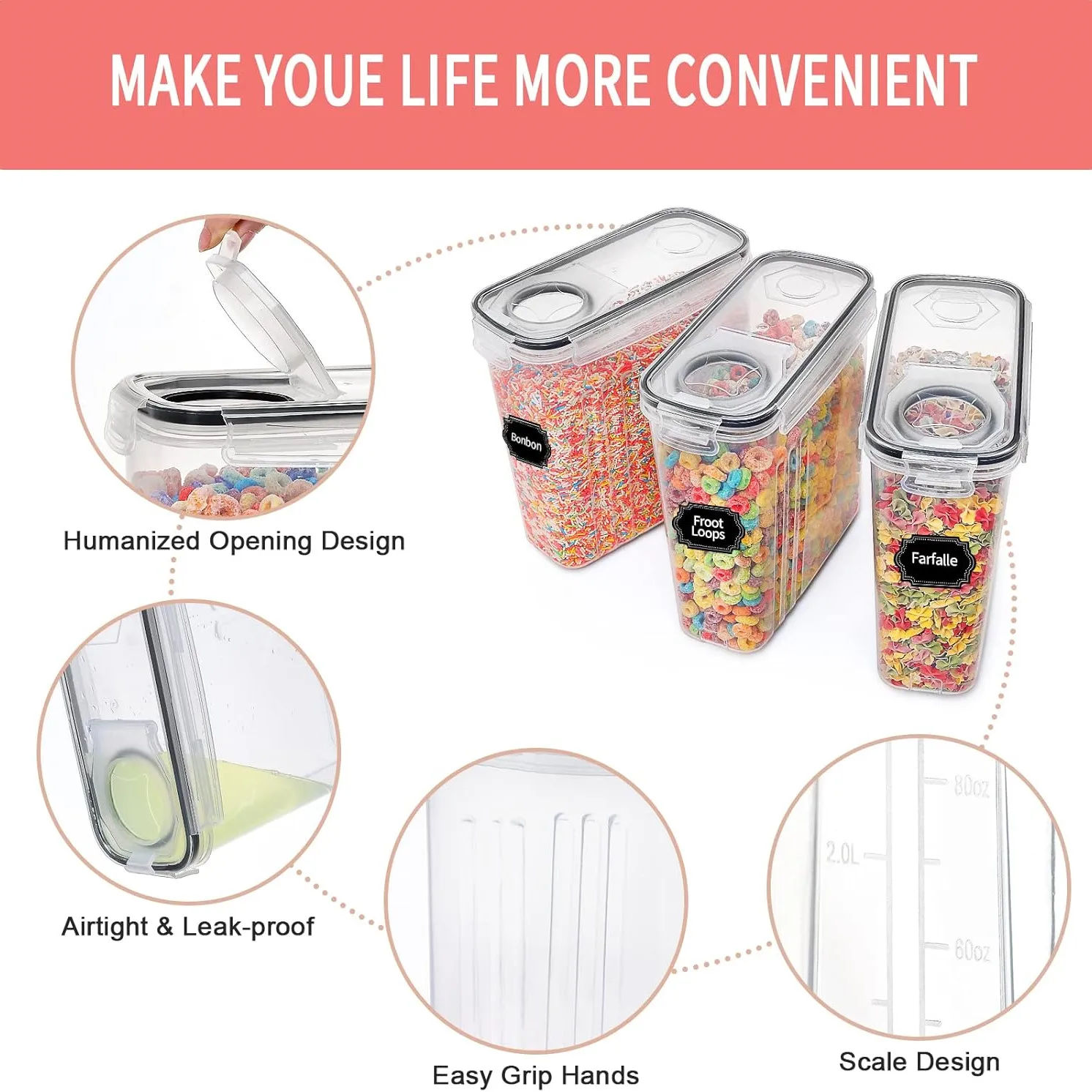 

4-Piece Airtight Cereal Storage Containers Set，BPA Free, Dishwasher Safe, with Pen and Labeled, 2.5L/84.5 Floz Capacity